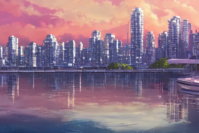 Prompt: vancouver, bc, city by makoto shinkai, 4k anime widescreen wallpaper, false creek reflections, makoto shinkai movie, beautiful cityscape by makoto shinkai digital art, illustration, trending on artstation, daily deviation, masterpiecem view of the mountains