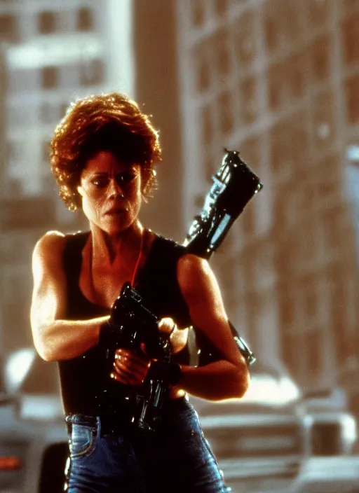 Prompt: film still of Sigourney Weaver as John McClane in Die Hard, 4k