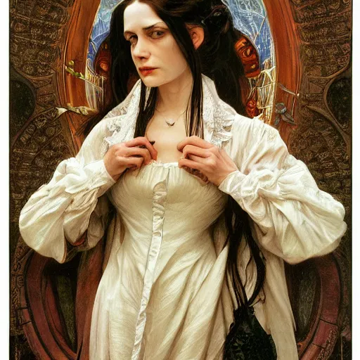 Image similar to portrait of a lady vampire, 35mm, victorian, depth of field, ominous, sharp, highly detailed, photorealistic, realistic, unreal 5, high definition, 8k, deviantart, donato giancola, irwin penn, ((Alphonse Mucha))