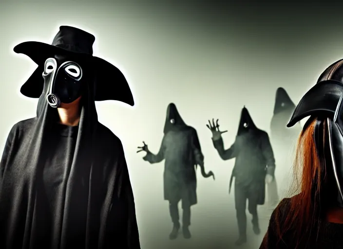 Image similar to photograph of a woman with a plague doctor mask staring at zombies, 8k resolution, high detail, ULTRA REALISTIC VFX, reflections