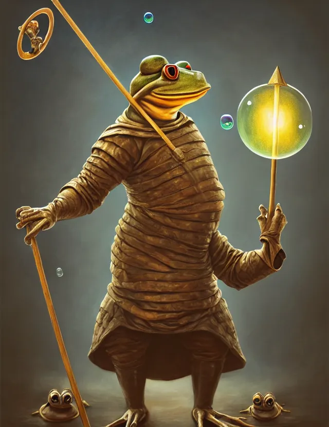 Prompt: anthropomorphic bipedal frog that is dressed as a medieval merchant, and holding a giant flail, as a matte oil painting and d & d character art, by alex grey, standing, fullbody, vibrant, floating bubbles, enlightened, fog, fractals, bright, concept art, award - winning, extremely detailed, sharp focus