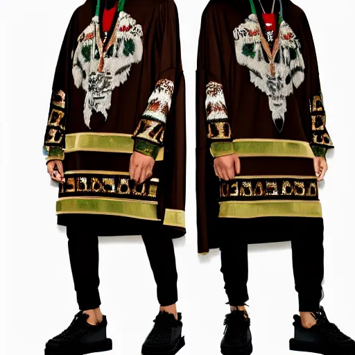 Image similar to hispanic brown skin wearing gucci versace intricate textile chiton himation cloak tunic detailed streetwear cyberpunk modern fashion