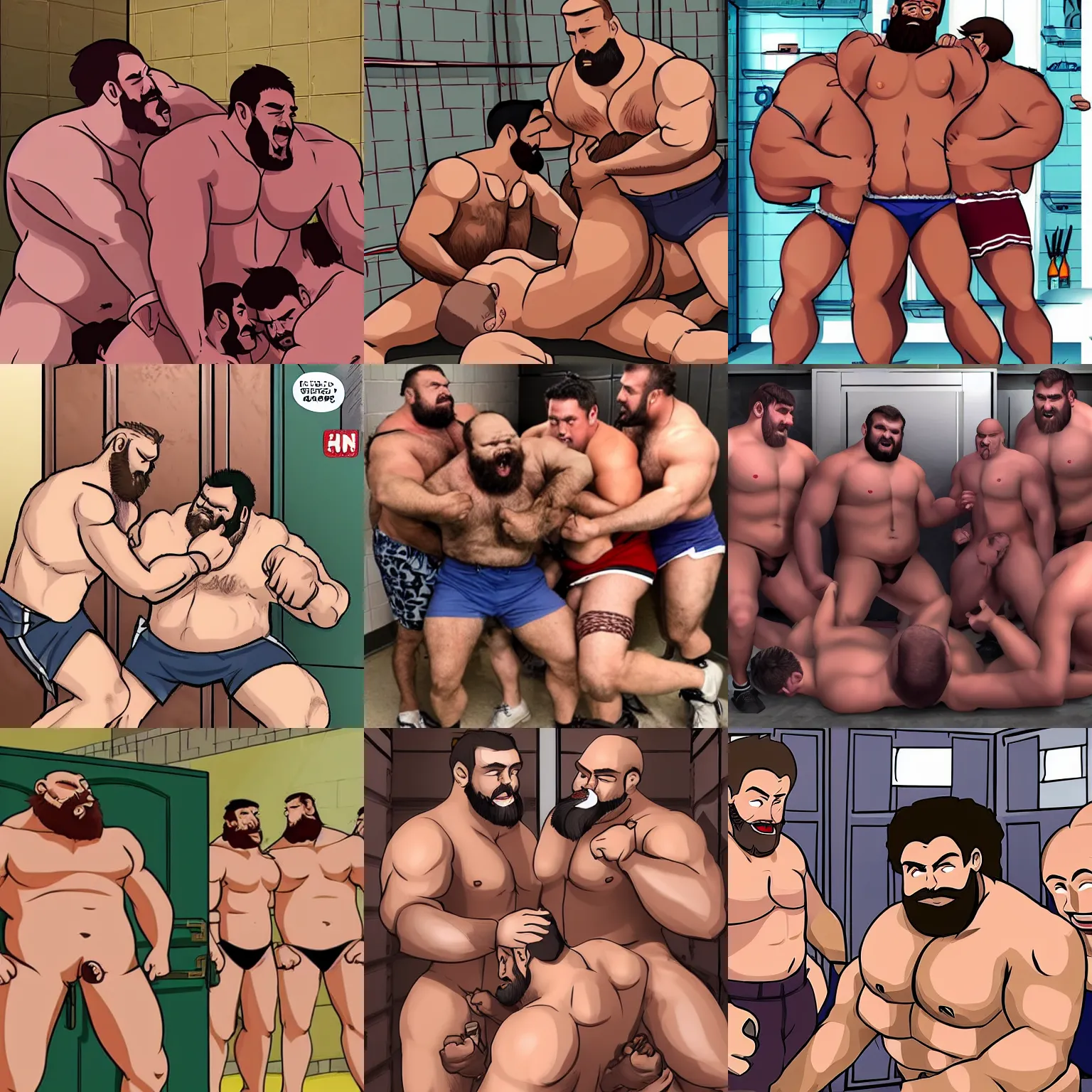 Prompt: dozen of hairy bury bara strongmen kissing cuddling and fighting in a locker room, dad energy, manly, shorts