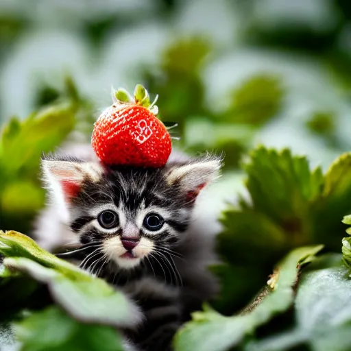 Image similar to macro shot photograph of an extremely tiny baby kitten on top of a strawberry that is bigger than it