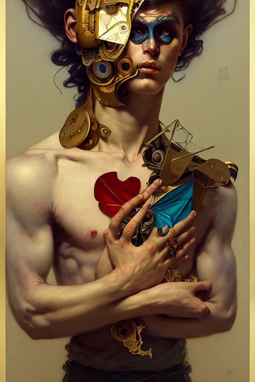 Prompt: portrait, male boy patchwork doll, cyberpunk, elegant baroque, expressive, asymmetrical art, hyperrealism, colorful, vivid, imposing, epic, abstract texture, gold leaf texture, artstation, concept art, by peter mohrbacher and wlop and rhads and artgerm and magali villeneuve and alphonse mucha