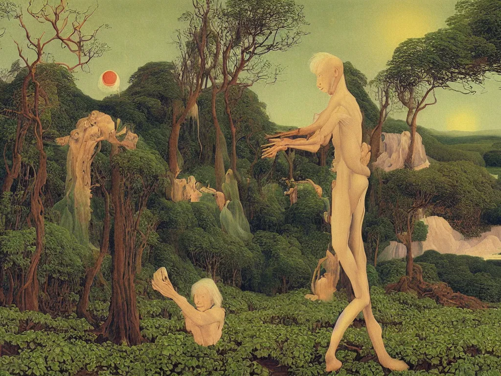 Image similar to Albino mystic with the back turned, with forest landscape flooded by a tsunami, giant wave. Painting by Jan van Eyck, Audubon, Rene Magritte, Agnes Pelton, Max Ernst, Walton Ford