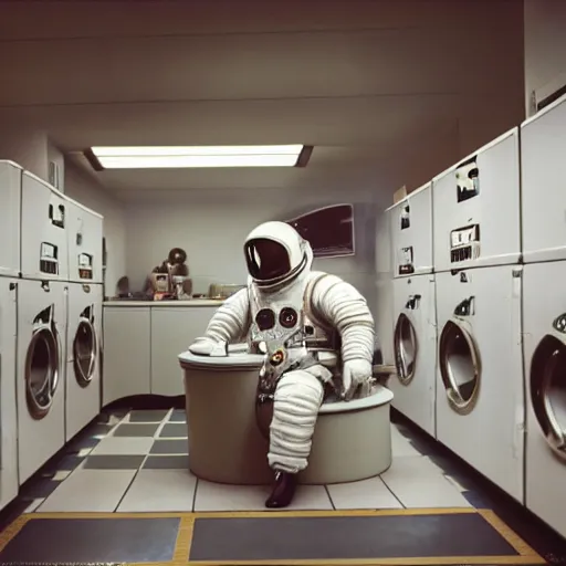 Image similar to a beautiful photo of an astronaut waiting in a laundromat, 1970', soft light, photorealistic, realistic, octane, 8k, cinematic shot