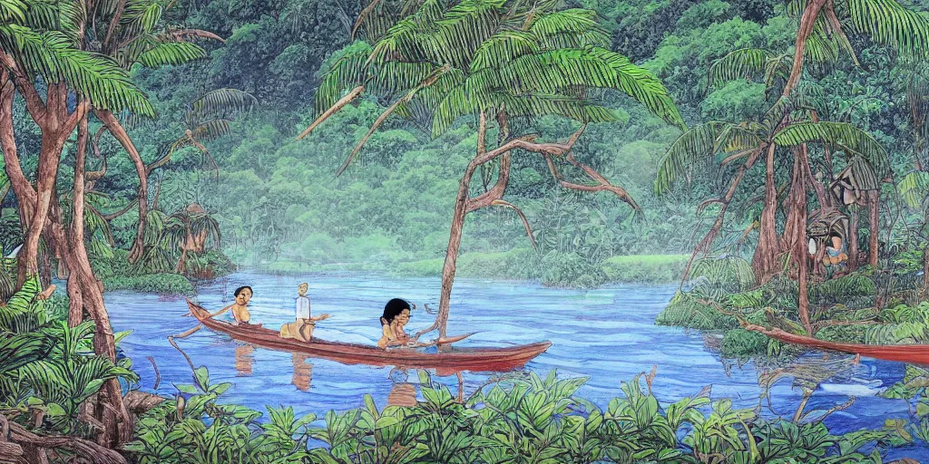 Image similar to sri lankan river in a jungle, drawn by hayao miyazaki