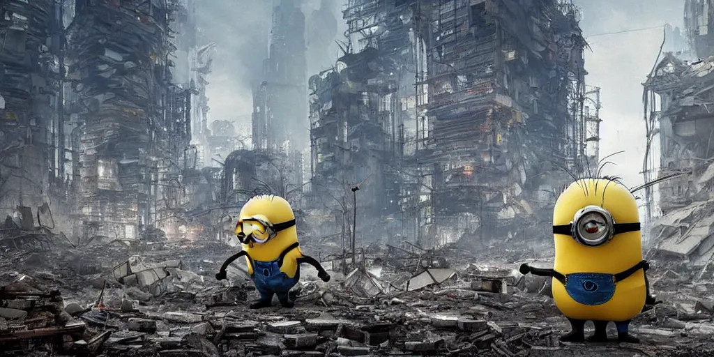 Image similar to one giant minion in the middle of the ruins of cyberpunk moscow after the bombing, a minimum of surviving houses, a dim sky, a dead city