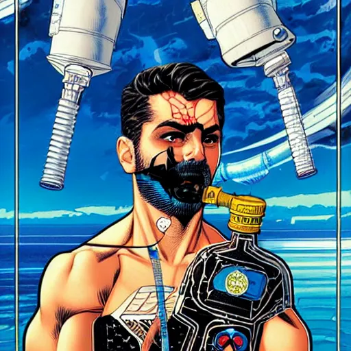 Prompt: a profile photo of a persian man with a diving oxygen mask with side profile blood in ocean intricate details by MARVEL comics and Sandra Chevrier-C