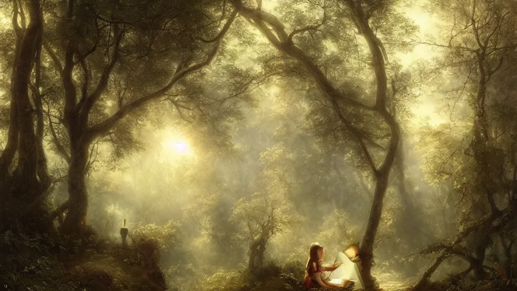 Prompt: girl reading on a treebranch in the magical forest. andreas achenbach, artgerm, mikko lagerstedt, zack snyder, tokujin yoshioka, impressionist