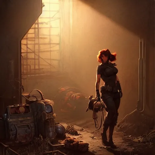 Image similar to fallout 5 concept art, female protagonist and feline companion, atmospheric lighting, painted, intricate, volumetric lighting, beautiful, gritty, rich deep colours masterpiece, sharp focus, ultra detailed by jack kirby, ignacio fernandez rios, thierry doizon