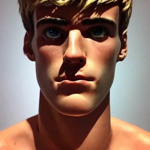 Image similar to “ a realistic detailed photo of a guy who is an attractive humanoid who is half robot and half humanoid, who is a male android, soccer player antoine griezmann, shiny skin, posing like a statue, blank stare, at the museum, on display ”