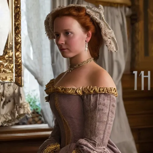 Image similar to attractive scandinavian duchess wearing an 1 7 th century french off - the - shoulder neckline dress, wow 4 k detail fantasy, matte painting, realistic materials, photo realistic, postprocessing, cinematic, hyperrealistic, studio lighting, ekaterina, the tudors, photography by richard jenkins