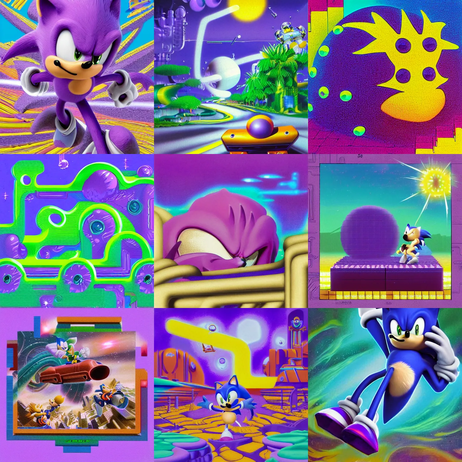 Prompt: dreaming of sonic hedgehog portrait deconstructivist claymation scifi matte painting totally radical landscape of a surreal stars, retro moulded professional soft pastels high quality airbrush art album cover of a liquid dissolving airbrush art lsd sonic the hedgehog swimming through cyberspace purple teal checkerboard background 1 9 8 0 s 1 9 8 2 sega genesis video game album cover