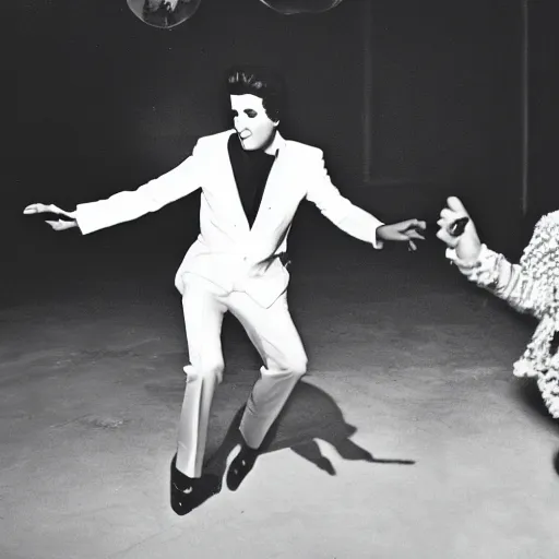 Image similar to black and white photograph of elvis on drugs dancing, aliens from another planet in the background