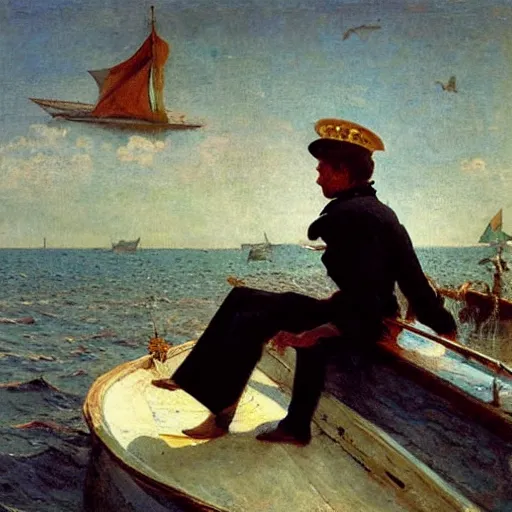 Image similar to a sailor spotting the tip of a shark’s fin over the side of the boat. By Ilya Repin and Geoffroy Thoorens.