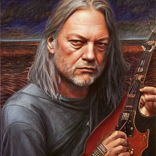 Image similar to amazing artgerm portrait of david gilmour as a preraphaelite painting, collaboration with j. scott campbell and artgerm with edward burn jones