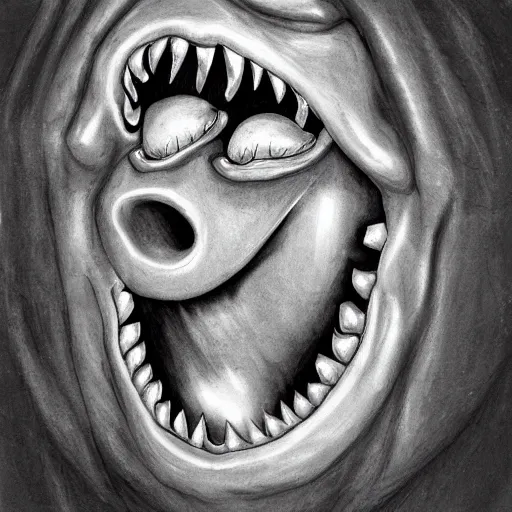 Image similar to giant eye with mouth full of teeth, realism, horror