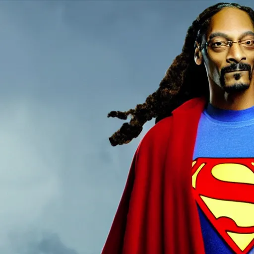 Image similar to snoop dogg as superman, movie still, photograph, high quality, 4K