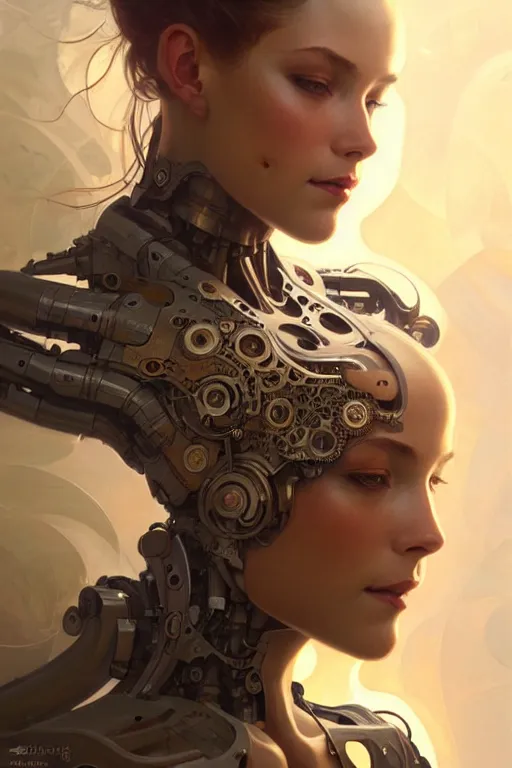 Image similar to beautiful female mechanical android!, half portrait, intricate detailed environment, photorealistic!, intricate, elegant, highly detailed, digital painting, artstation, smooth, sharp focus, art by artgerm and greg rutkowski and alphonse mucha