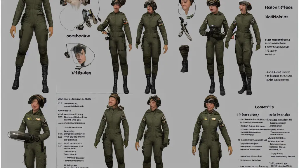 Prompt: a Character reference sheet of a military female pilot