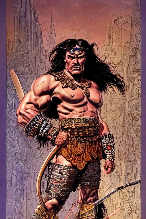 Image similar to a stunning and hypnotic full-color futuristic art nouveau styled action portrait of conan as a stoic barbarian king with stony and condemning eyes, extremely detailed and brusque swarthy facial structure, rune-engraved armor, perfectly symmetrical facial structure and linework, proud and honorable facial characteristics, by bill sienkiewicz, michael kaluta, michael whelan and travis charest, dark sci-fantasy, deep complexity, precisely accurate male muscle anatomy, muscular male hero, RPG character concept, photorealism, spectacular framing, minimalist lighting, hyperrealism, 8k