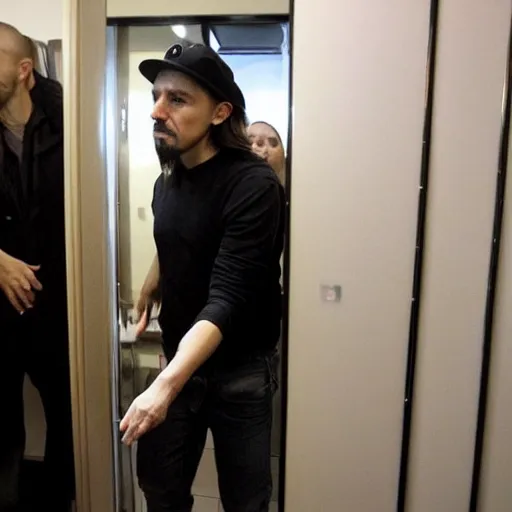 Prompt: pablo iglesias dressed as a neo - nazi leaving the bathroom