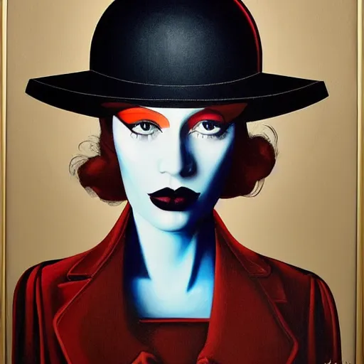 Image similar to a painting of a woman with a hat on her head, an art deco painting by nick gentry, featured on behance, precisionism, art deco, detailed painting, airbrush art