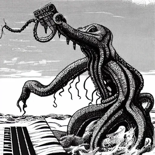 Prompt: cthulhu monster rising from the ocean with a synthesizer under its arm