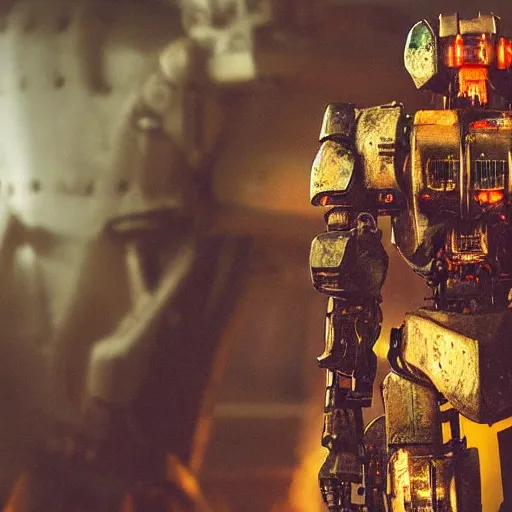 Prompt: closeup of mecha with surface of cutlery, dark messy smoke - filled cluttered workshop, dark, dramatic lighting, orange tint, cinematic, highly detailed, sci - fi, futuristic, movie still from blade runner