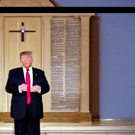 Image similar to Cinematic still of Donald Trump holding a Bible, speaking in a Baptist church in rural Alabama