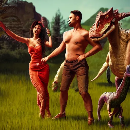Image similar to a hyper real comic book style portait painting of salsa dancers in the stone age with dinosaurs, unreal 5, hyperrealistic, octane render, cosplay, rpg portrait, dynamic lighting