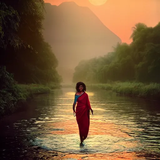 Image similar to Photo of the most beautiful woman, she is posing, she is walking on a river, she is getting ulluminated by the rays of the sunset, the photo was taking by Steve McCurry, matte painting, oil painting, naturalism, 4k, 8k