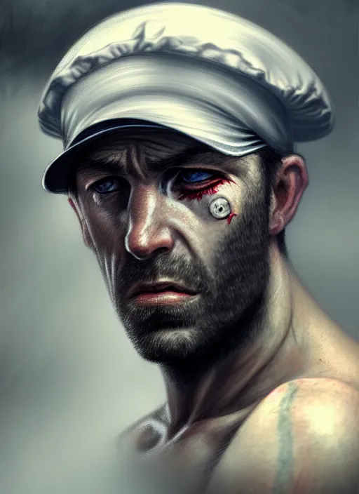Prompt: portrait of a rugged man wearing a sailors cap, scarred face, victorian, concept art, detailed face, fantasy, close up face, highly detailed, cinematic lighting, digital art painting by greg rutkowski