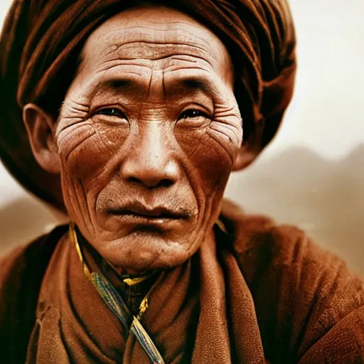 Prompt: very precise and detailed ultra realistic vintage photo portrait of a tibetan man, by Annie Leibovitz, spiral hole on the forehead