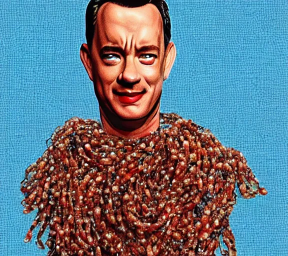 Prompt: Tom hanks as forrest gump wearing a necklace made out of shrimps around the neck, realistic face, digital art, in the style of Daniel Conway, amazing detail, artstation, long shot