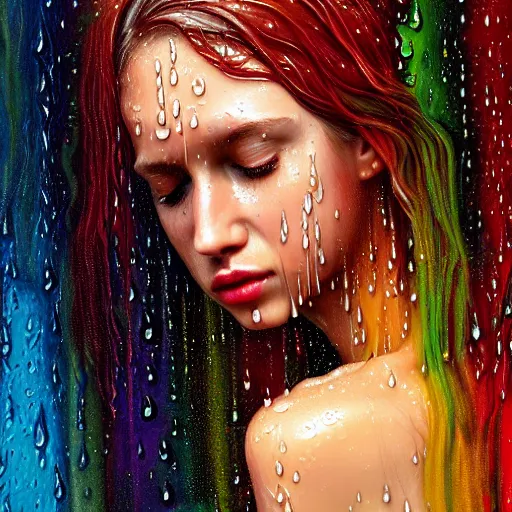 Image similar to portrait of girl in uniquely colored rain with wet hair and face, liquid drops, revelation, epiphany, bliss, fantasy, intricate, elegant, dramatic lighting, highly detailed, lifelike, photorealistic, digital painting, artstation, concept art, smooth, sharp focus, illustration, art by John Collier and Albert Aublet and Krenz Cushart and Artem Demura and Alphonse Mucha