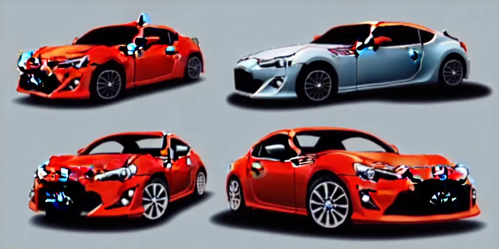 Image similar to merge the designs of Toyota gt86 2015 and Aston Martin 2022 as one car. No background, concept art style.