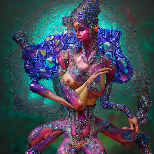 Prompt: a stunning rendition of full-body female sculpture made of fractal gems, fractal crystals, intricate details, hyperrealistic, octane render, very colorful, vibrant, cinematic, ornate, luxury, elite, james jean, brian froud, ross tran, 8k,
