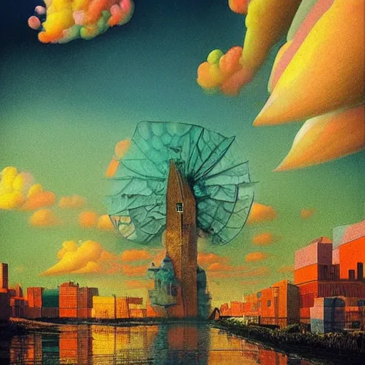 Image similar to beautiful colourful scene. digital artwork by vincent bons, michael whelan, beeple, remedios varo and gerardo dottori. grainy and rough. interesting pastel colour palette. beautiful light. oil and water colour based on high quality render.