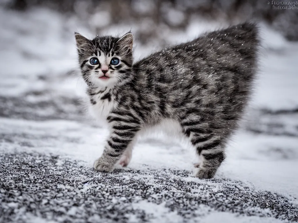 Image similar to A photograph of a kitten walking in the snow .560mm,ISO400,F/9,1/320,Canon EOS 7D Mark II.