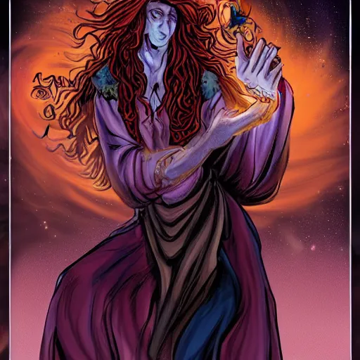 Image similar to The celestial warlock (a beautiful half elf with long red hair) clumsily knocks a single red rose from the top of a funerary urn, releasing an angry wraith from inside. The urn is on the floor, the rose is falling. Dramatic digital art illustration in comic book style by Simon Bisley