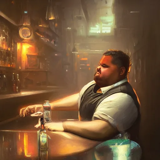 Image similar to portrait of an overweight cyborg barkeeper, ratz, neuromancer, bar background, painted by greg rutkowski, painted by igor kieryluk, high detail, dramatic light, digital art, trending on artstation