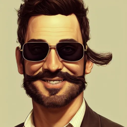Prompt: handsome man smiling with a beard wearing sunglasses and a khaki shirt, Mark Edward Fischbach, intricate, highly detailed, digital painting, artstation, concept art, smooth, sharp focus, illustration, gta v cover art, Unreal Engine 5, 8K, art by artgerm and greg rutkowski and alphonse mucha