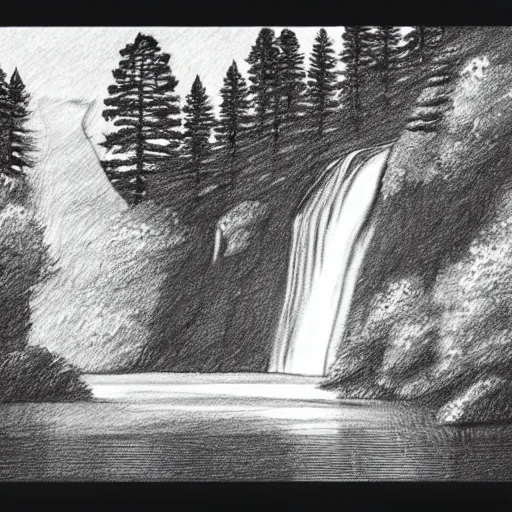 Image similar to A black and white pencil sketch of a huge waterfall flowing into a very large lake, surrounded by lots of trees and very rocky cliffs.