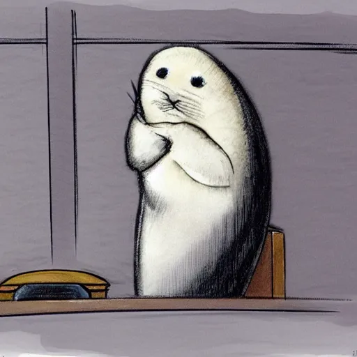 Image similar to a baby harp seal being sentenced to death by a judge, courtroom sketch