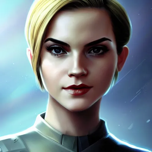 Image similar to A combination of Ada Wong's and Grace Kelly's and Emma Watson's appearances with blonde hair wearing Master Chief's armor from Halo, high tech, action shot, angular, full body portrait, futuristic, dramatic, fantasy, intricate, elegant, highly detailed, digital painting, artstation, concept art, matte, sharp focus, illustration, art by Donato Giancola and James Gurney