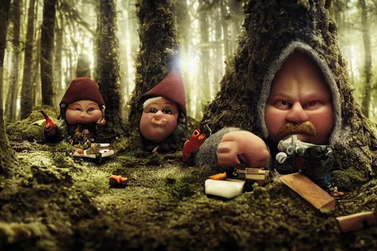 Image similar to movie scene portrait closeup, real life team of chubby elves gnome people building a tiny house in the forest natural lighting by emmanuel lubezki