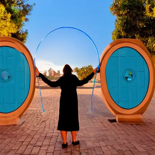 Image similar to a woman facing an portal on the street. the street leads dozen a city. the portal is oval, upright and surrounded by blue energy. the portal leads to a beach at sunset